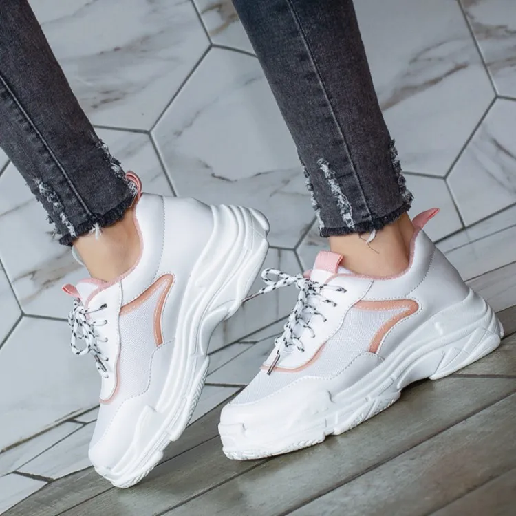 

PXELENA Hot 2019 Women Sneakers PU Leather+Mesh Cloth Lace Up Wedges Middle Heel Round Toe Leisure Ladies Soft Sole Shoes 34-43