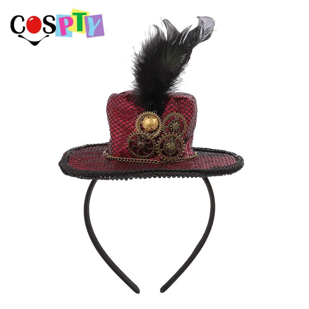 

Cospty Steampunk Gothic Lolita Ladies Fancy Party Gear Wine Red Billycock Feather Mini Top Hat Headband For Women