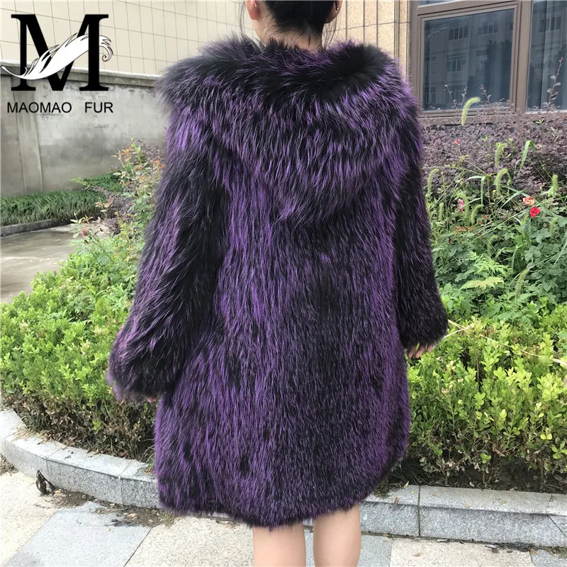 Ladies Real Fur Coat Women Hooded Knitted Natural Fur Coat Winter Knitted Long Silver Fox Fur Overcoat