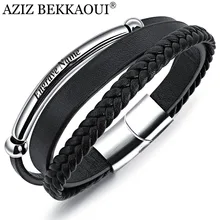 AZIZ BEKKAOUI панк черный кожаный браслет для мужчин гравировка имя нержавеющая сталь браслеты Diy браслет из воловьей кожи мужские ювелирные изделия подарок