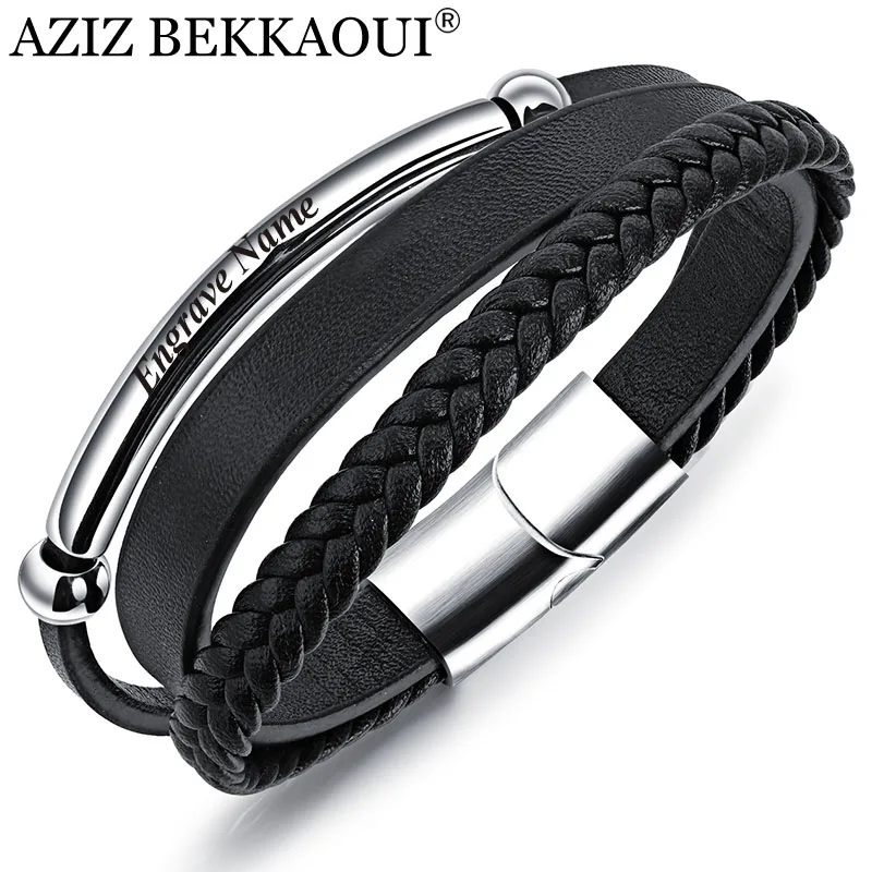 

AZIZ BEKKAOUI Punk Black Leather Bracelet for Men Engrave Name Stainless Steel Bracelets Diy Cowhide Bangle Men Jewelry Gift