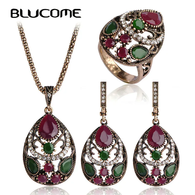 

Blucome Women Jewelry Sets Turkish Water Drop Pendants Princess Hooks Earring Bijoux Retro Vintage Necklace Earrings Rings Set
