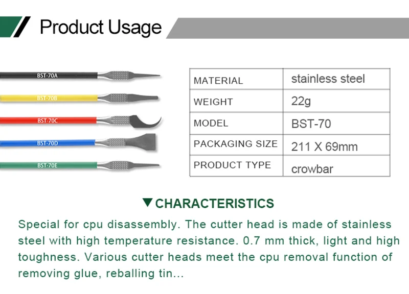 Jyrkior BST-70 High Toughness Mobile Phone Motherboard BGA Chip Disassembly Tool Pry Knife CPU Glue Remover LCD Screen Opener