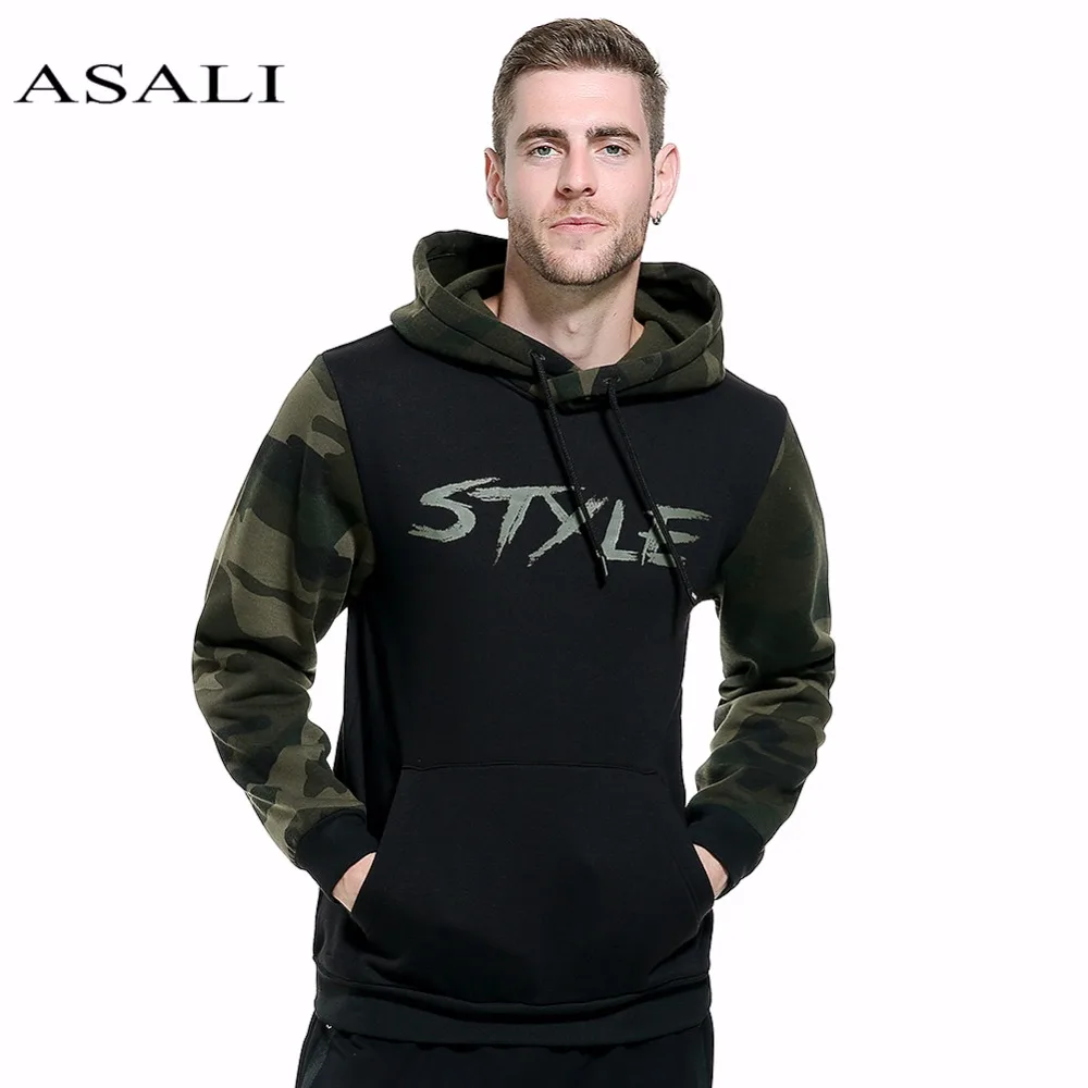 

ASALI 2017 Sweatshirts Men Hoodies With Hat Print Style Autumn Winter Loose Camouflage Patchwork Casual Tracksuit Male US 2XL