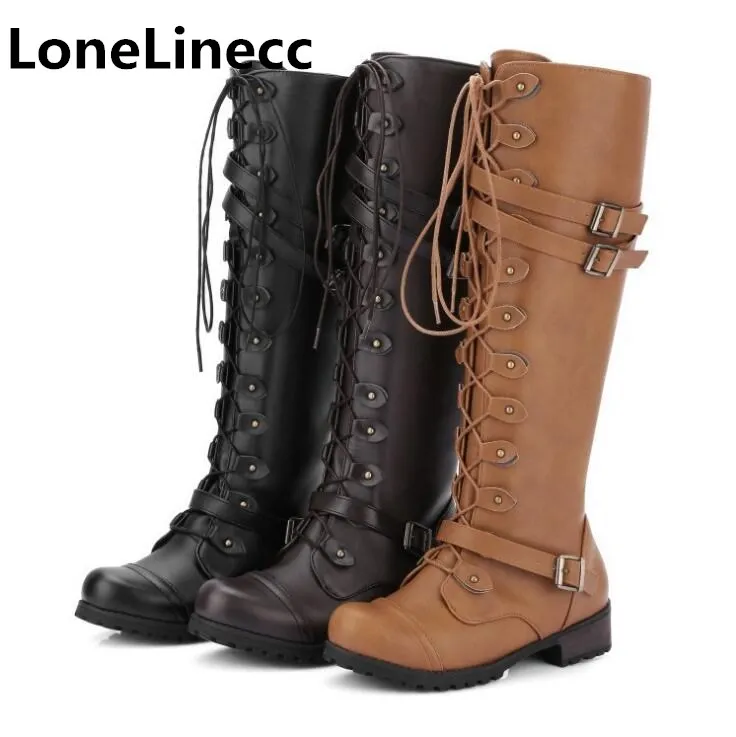 

Europe Lace Up Knee High Boots Women Boots Flats Shoes Woman Square Heel Motorcycle boots rivet Buckle Winter rivet High Boots