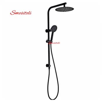 Smesiteli 10 Year Warranty All Brass Matte Black 8'' Or 10'' Round Rainfall Handheld Shower Head Diverter Rail Arm Set smesiteli classic style all copper round handheld shower head pvc hose connector adjustable wall holder black matte black finish