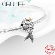 Сказочная Золотая рыбка принцесса Настоящее серебро 925 проба CZ Золотая Корона Шарм бусины подходят Pandora шарм браслеты сделай сам