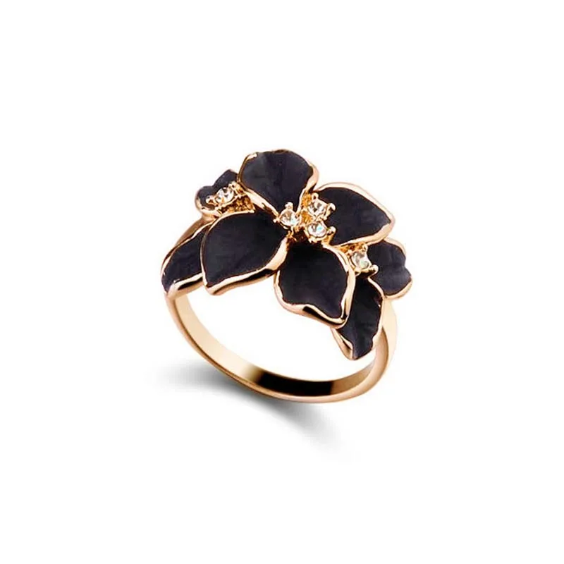 

Hotting Sale Jewelry Rings With Rose Gold Color Austrian Crystal Black Enamel Flower Wedding Rings For Women JZHL027