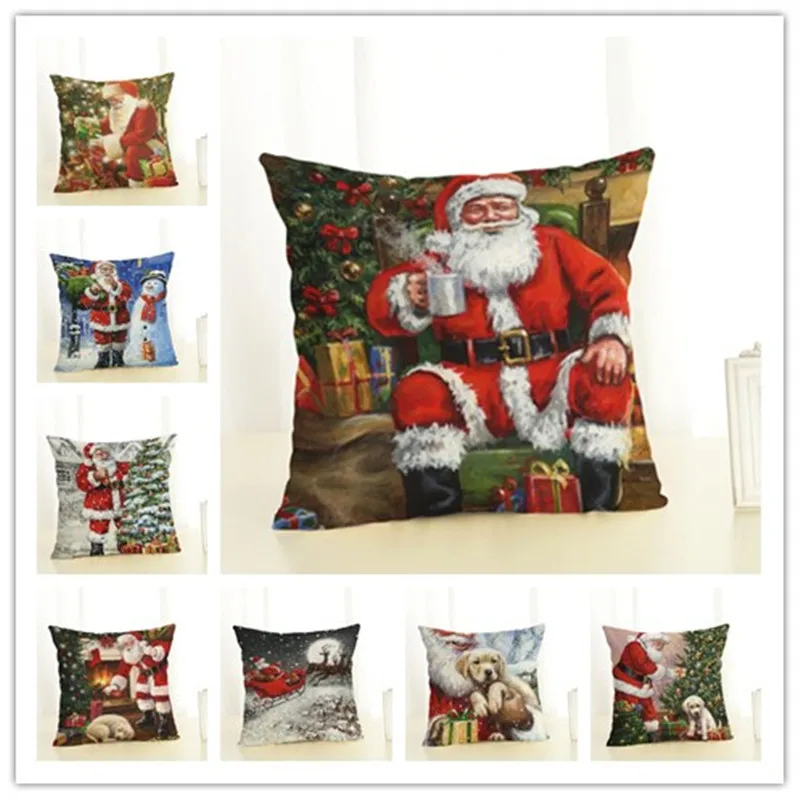 Merry Christmas Decorations for Home New Product Santa Clause with Dog Elk Snowman Christmas Tree Pattern Linen Pillowcase Natal (1)