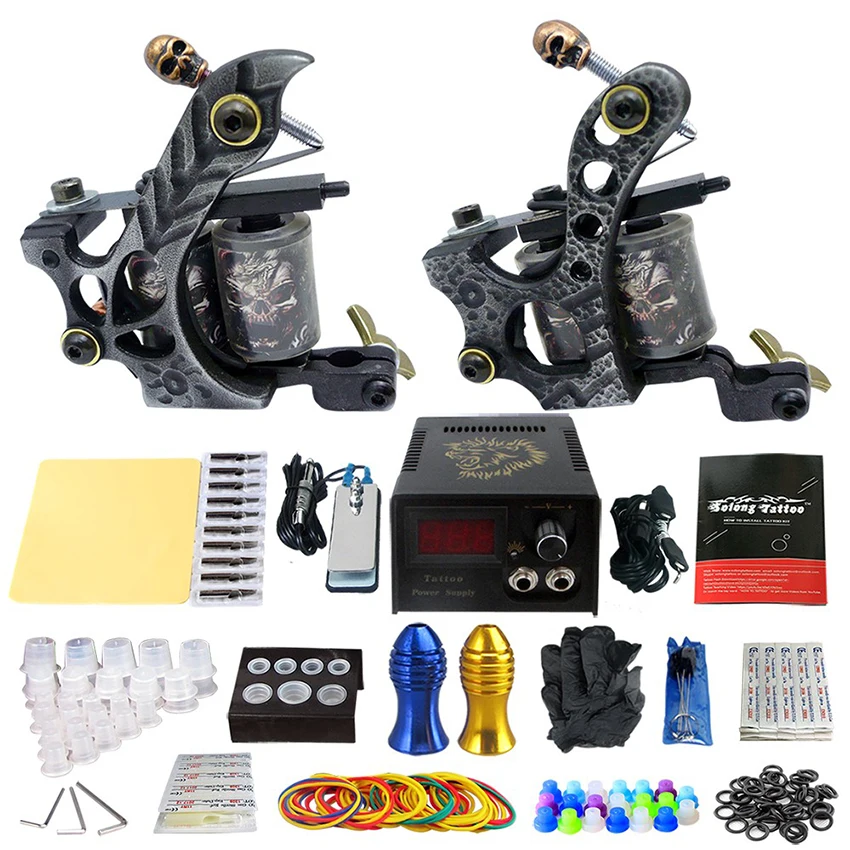  Practice Skin  New Tattoo Kits Tattoo Power Supply  Footswitch 2Pcs Coil Tattoo Machine Grip Needles  Cleaning Tools kit tatto 