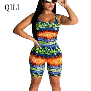 

QILI Women Colorful Jumpsuit Summer Rompers Tank Sleeve Character Serpentine Rompers Overalls Casual Playsuits