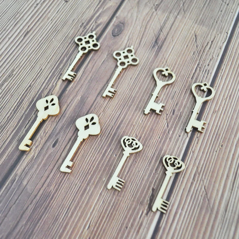 

Happymems Wholesale Wood Keys 120pcs/lot Natural Wood DIY Crafts Wooden Shape Home Decorations Vintage Veneer Gifts Wood Crafts