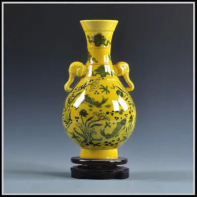 

Exquisite Yellow Antique Porcelain Vase of Fish and Lotus Made by China Jingdezhen