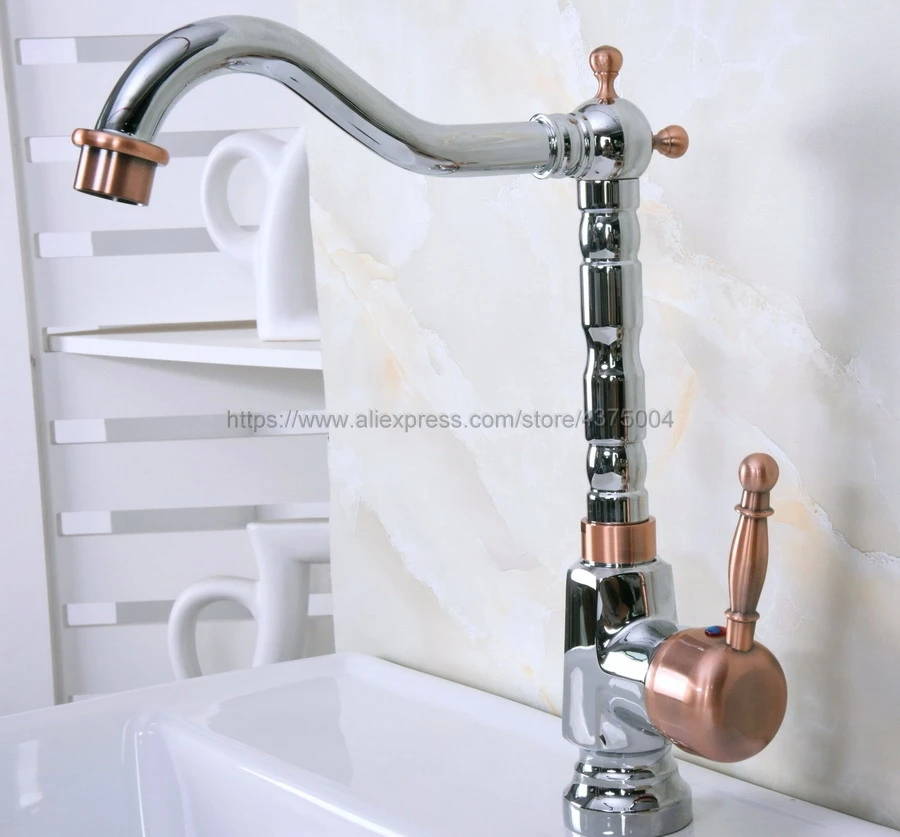 Bathroom Sink Faucet Polished Chrome And Red Copper 360 Rotable Basin Faucet Water Tap Single Handle Cold and Hot Water Nnf916