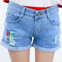 Korean Graffiti Print Female Shorts Women Vintage Ripped Hole Blue Denim Shorts Feminino Loose Pockets Button Fly Cuffed Shorts