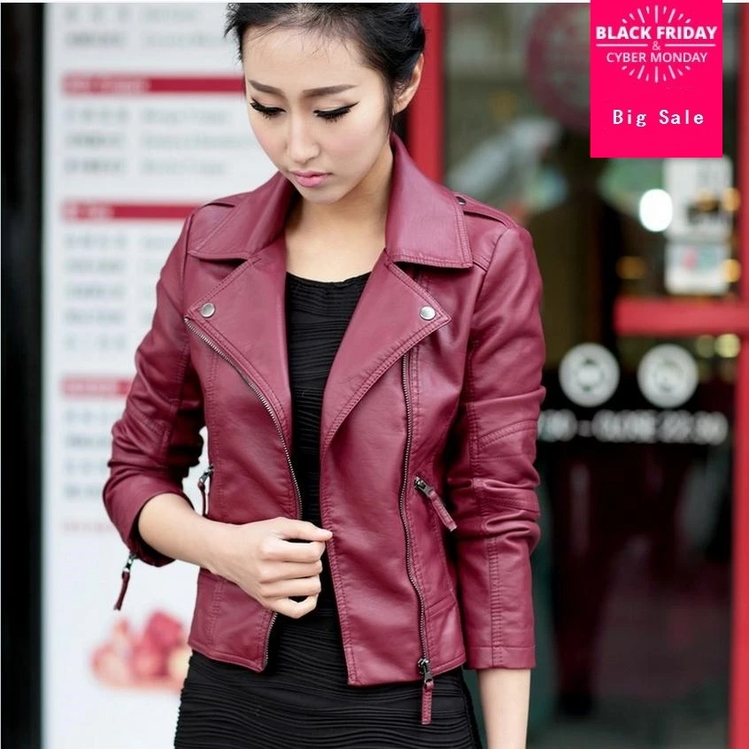 

Red black color great quality 2023 Autumn new Korean version PU leather lapel large size women's leather motorcycle jacket w1138