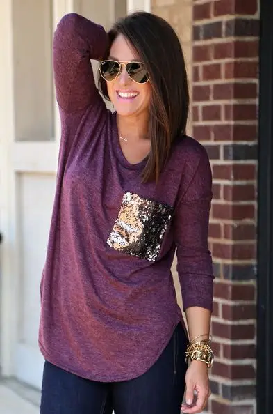 

New long sleeved sequined t shirt womens pocket Tee shirts tops mujer