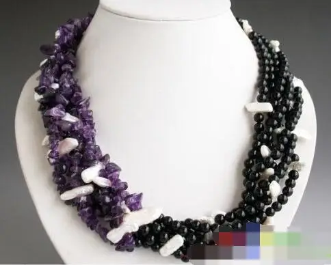 

3869 6row round black agate bead amethyst biwa white pearl NECKLACE