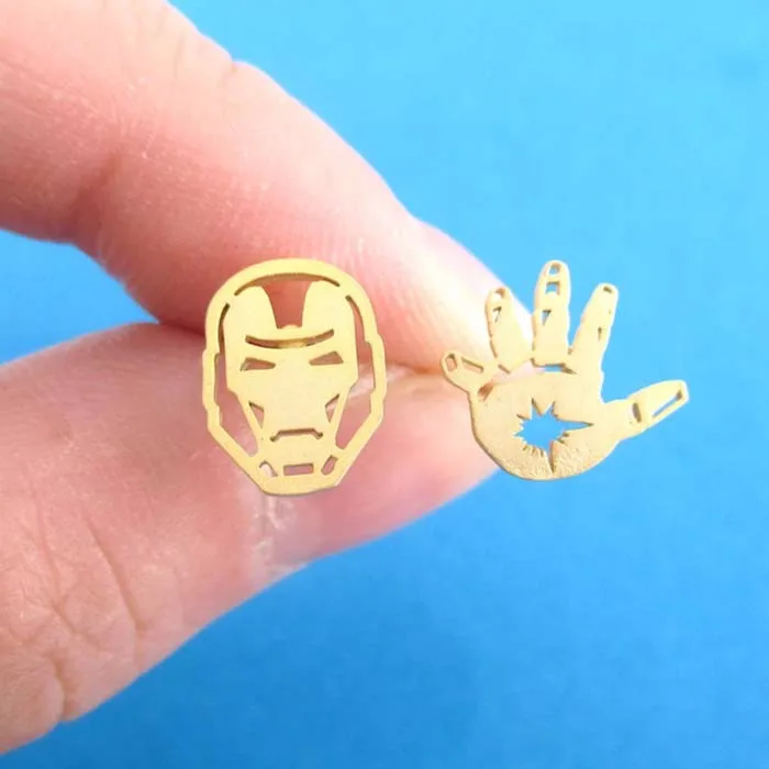 IRON MAN MASK AND GLOVE SHAPED STUD EARRINGS IN GOLD SUPER HERO JEWELRY