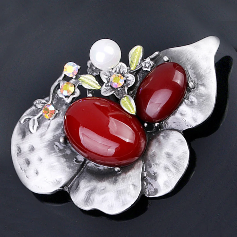 Red Natural Stone Brooches Rhinestones Metal Jewelry Vintage Brooch