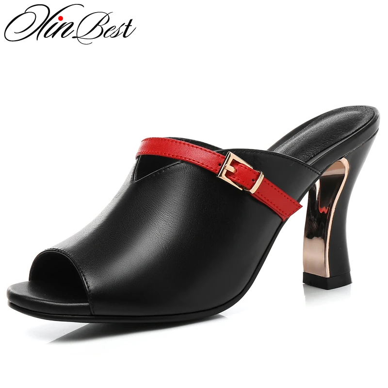 

Xinbest Sexy Peep Toe Mixed Colors Women Slippers Outdoor Buckle Square heel Ladies Slippers Natural Leather High Heel Slippers
