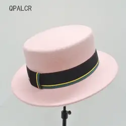 QPALCR Новая мода леди шерсть фетр шапки широкий плоский топ шляпа Твердые Женские фетровые шляпы фетровые для женщин ленты украш