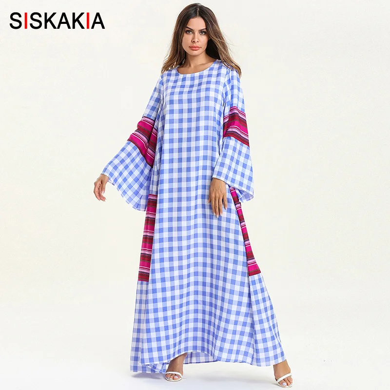 

Siskakia Flare Sleeve Women Long Dress Fashion Plaid Stripe Patchwork Maxi Dresses Muslim Casual Loose Ramadan Clothes Blue UAE