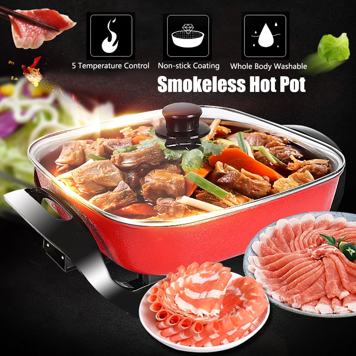 

1800W 220V Multifunction Electric Non-Stick Grill Smokeless Fry Cooking Hot Pot AU Plug Durability Adjustable Large Capacity