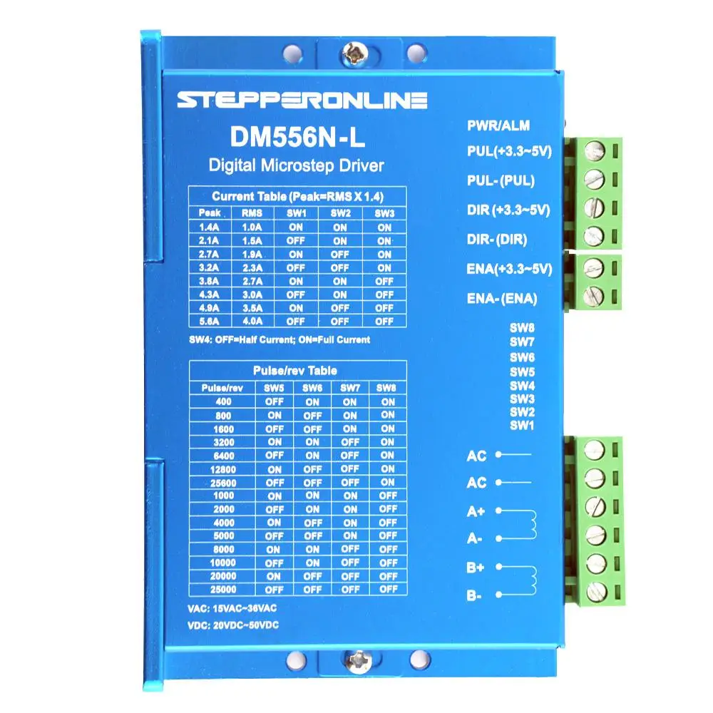 

Digital Stepper Driver Arduino Low Control Signal Voltage 3.3V-5V Current 1.4-5.6A 15-36VAC/20-50VDC for Nema 17, 23, 24 Stepper