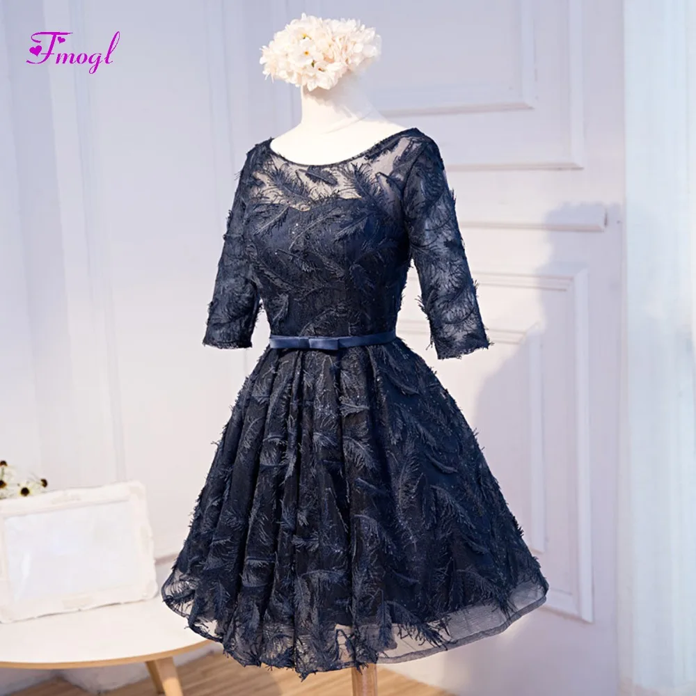 

Fmogl Graceful Three Quarter Sleeve Short Evening Dress 2019 Fashion Feathers Lace Prom Dress Formal Party Gown Vestido de Festa