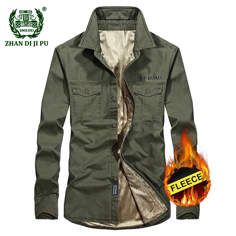 Online 2019 frühling männer qualität military casual marke 100% baumwolle armee shirts autum winter mann fleece warme dicke langarm hemd