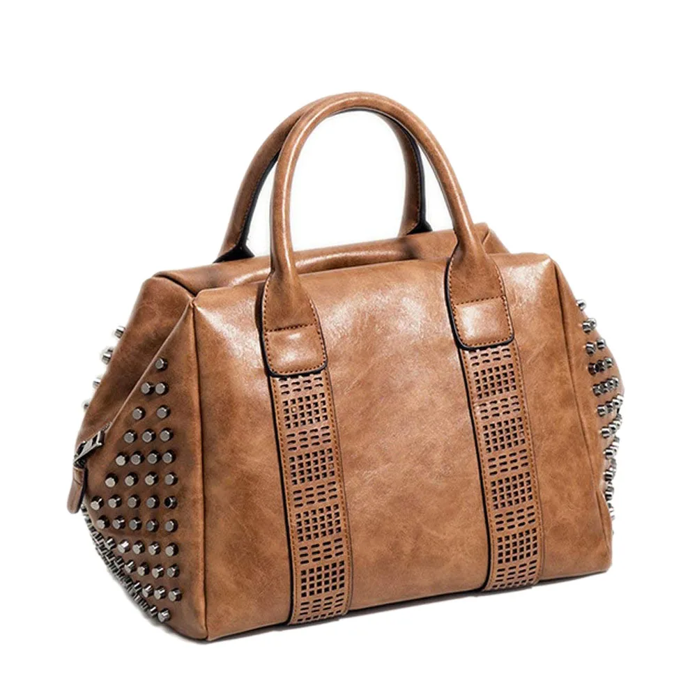 

AUAU-Retro Women Top Handle Satchel Rivet Studded Tote Handbag PU Leather Roomy Shoulder Bags