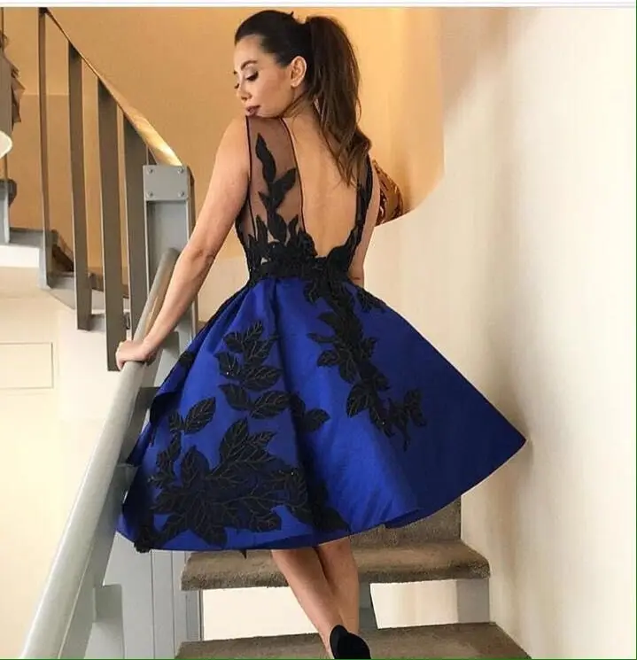 

Royal Blue Short Prom Dresses 2016 Scoop Vestidos De Baile Sheer Top Party Dress Gown Backless Ball Gown Graduation Dress L192