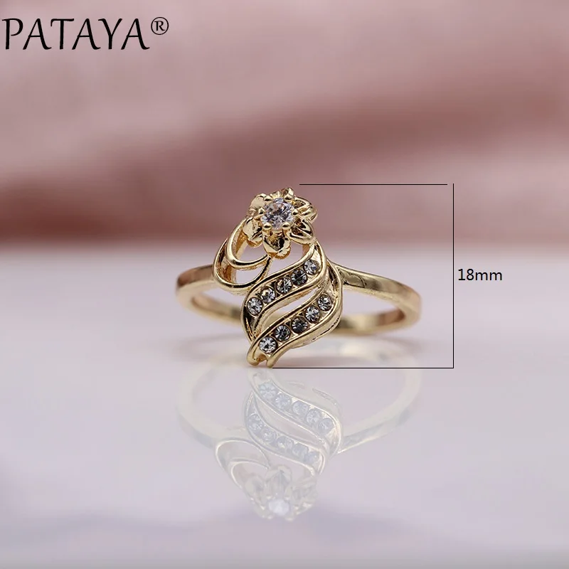 PATAYA New 585 Rose Gold White Rhinestones Round Natural Zirconia Rings Women Wedding Party Cute Girls Simple Fine Gift Jewelry