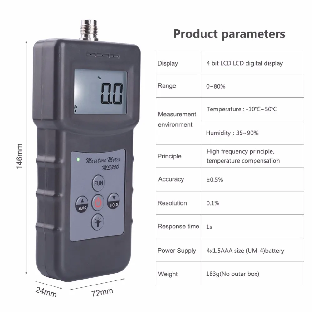 Диапазон измерения 0-80% MS350 Портативный цифровой емкостный химический сырье измеритель влажности