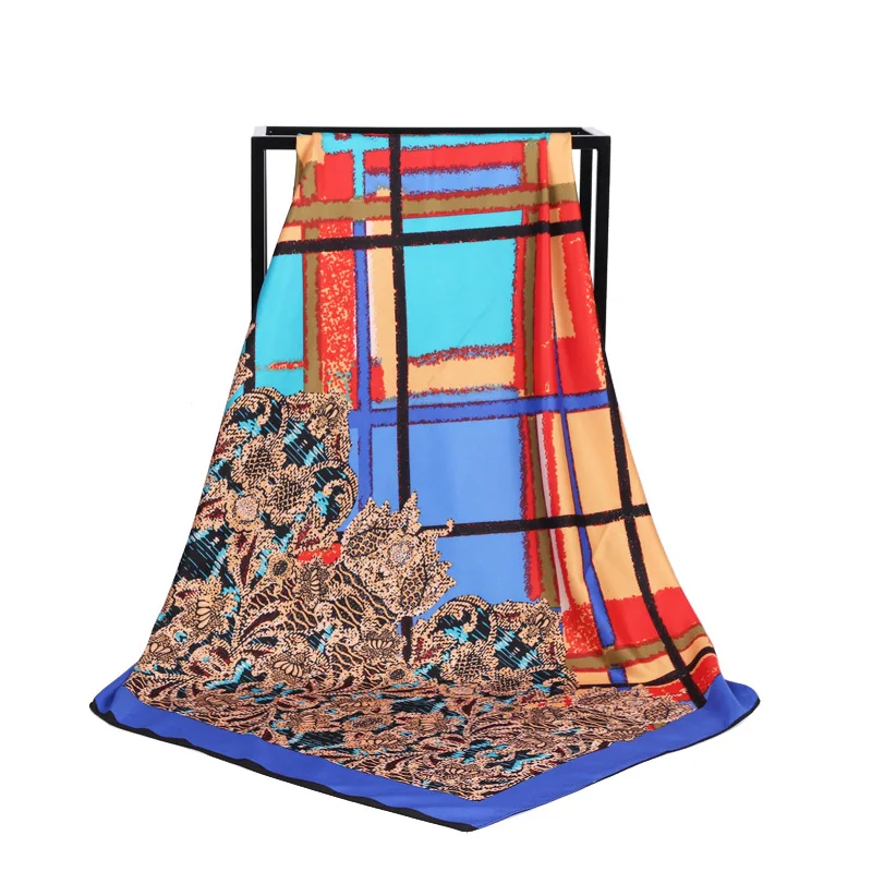 

New Arrival Fashion Women soft satin brand scarf / Geometric lattice Painting Printed quare silk scarves 100cm / Gifts Wholesale