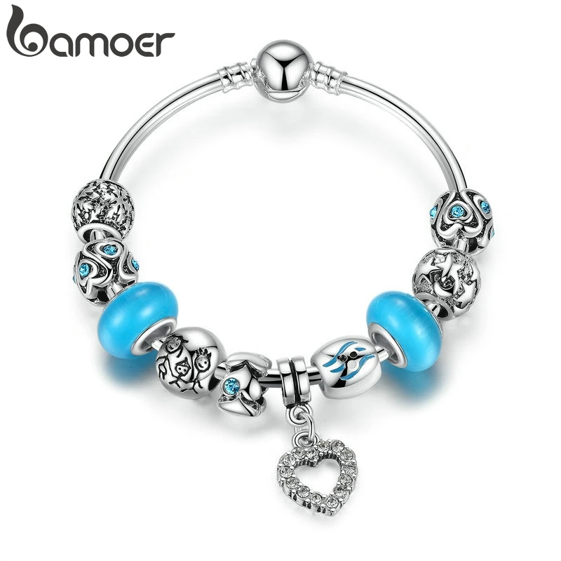 

BAMOER Blue European Beads Silver Color Strand Bangle with Heart Pendant Charms Bracelets Women Jewelry PA3076