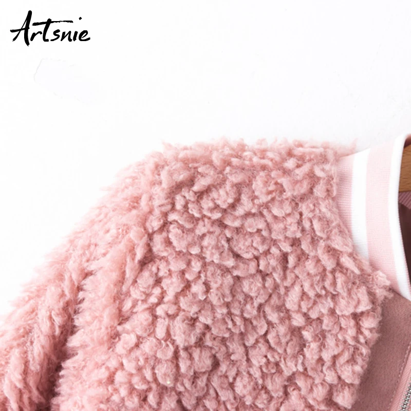 Femme Neck Casual O Girls Slim Zipper Bomber Streetwear Thick Fur Artsnie Jackets Coats Autumn Warm Pink Faux Women 2018 Zq4Uf