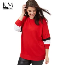 kissmilk 2017 Plus Size Hit Color Women Sweatshirts Drop-shoulder O-Neck Long Sleeve Female Pullovers Big Size Casual Lady Tops