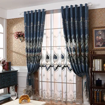 

Blue Europe Embroidered Blackout Curtains for Living Room Bedroom Window Curtains Lace Luxury Tulle Curtains