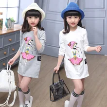 New Girls Natural Spring Child Long Sleeve Blouse Children Printing Clothing Kids Clothing Korean T-shirt White Grey