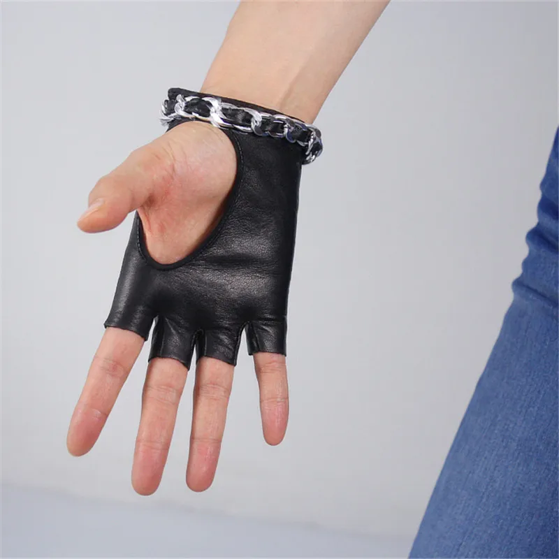 Genuine Leather Gloves Pure Goatskin Black Semi-Finger Ultra Short Touch Screen Female Mittens Silver Chain Decoration TB79-1
