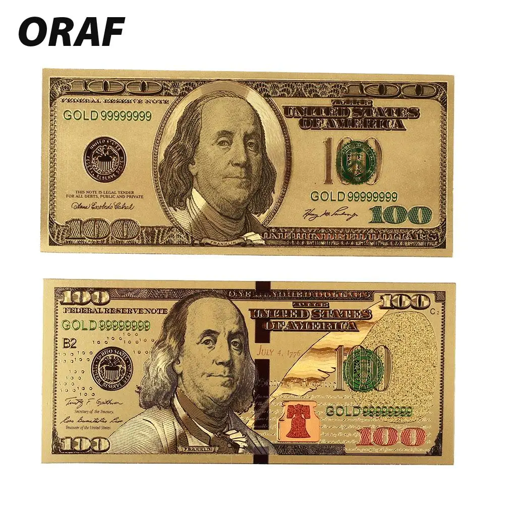 

2PCS/Set 24K Gold Plated Dollars Gold Plated Fake Currency Money 100 Dollar Fake Money Gold Commemorative Gifts