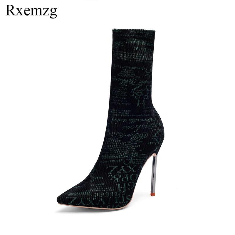 

Rxemzg 2019 women boots stretch fabric ankle boots women spring autumn shoes high heels pointed toe ladies sock boots size 33-45