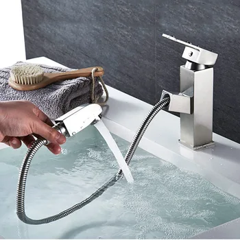 

Free Shipping Square Brass Basin Faucet Pull Out Spout Flexible Tap Bathroom Vanity Mixer Tap Deck Mount Faucet Chrome
