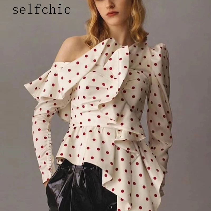 

Women Blouses High Quality Designer Long Sleeve Satin Polka Dot Frill Tops