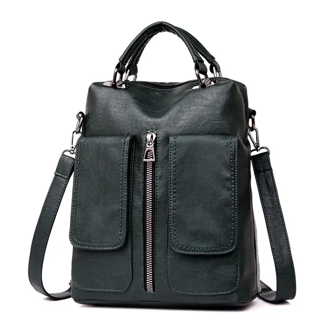 Повседневный женский рюкзак с двойным карманом, женский кожаный рюкзак высокого качества, дизайнерская школьная сумка на молнии, сумка на плечо, Mochila Sac A Dos - Цвет: Green