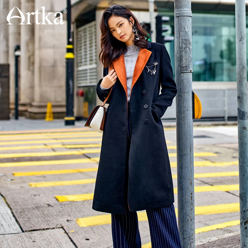 ARTKA Новая городская серия дамское зимнее шерстяное пальто с отложным воротником контрастного цвета с длинным рукавом средней длины и карманами JW17030