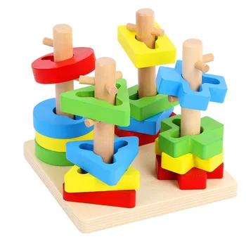 

Wooden Geometric Board Blocks Stack Sorting 4 Pillar Column Toy Colorful Building Block Kids Educational Matching Game