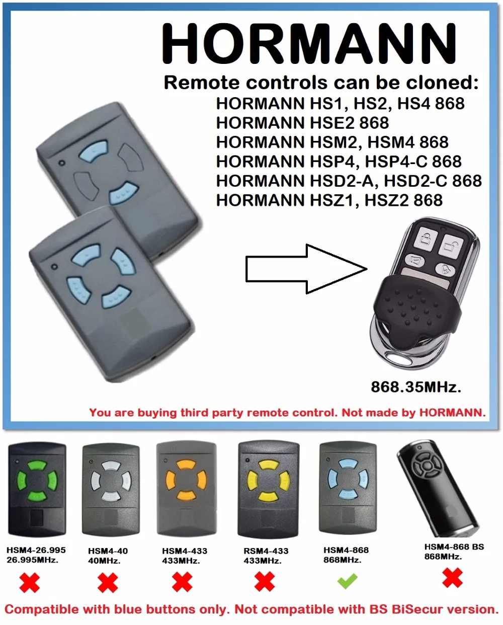 

HORMANN HSM2, HSM4 868 Universal Remote Control Duplicator 868.35MHz